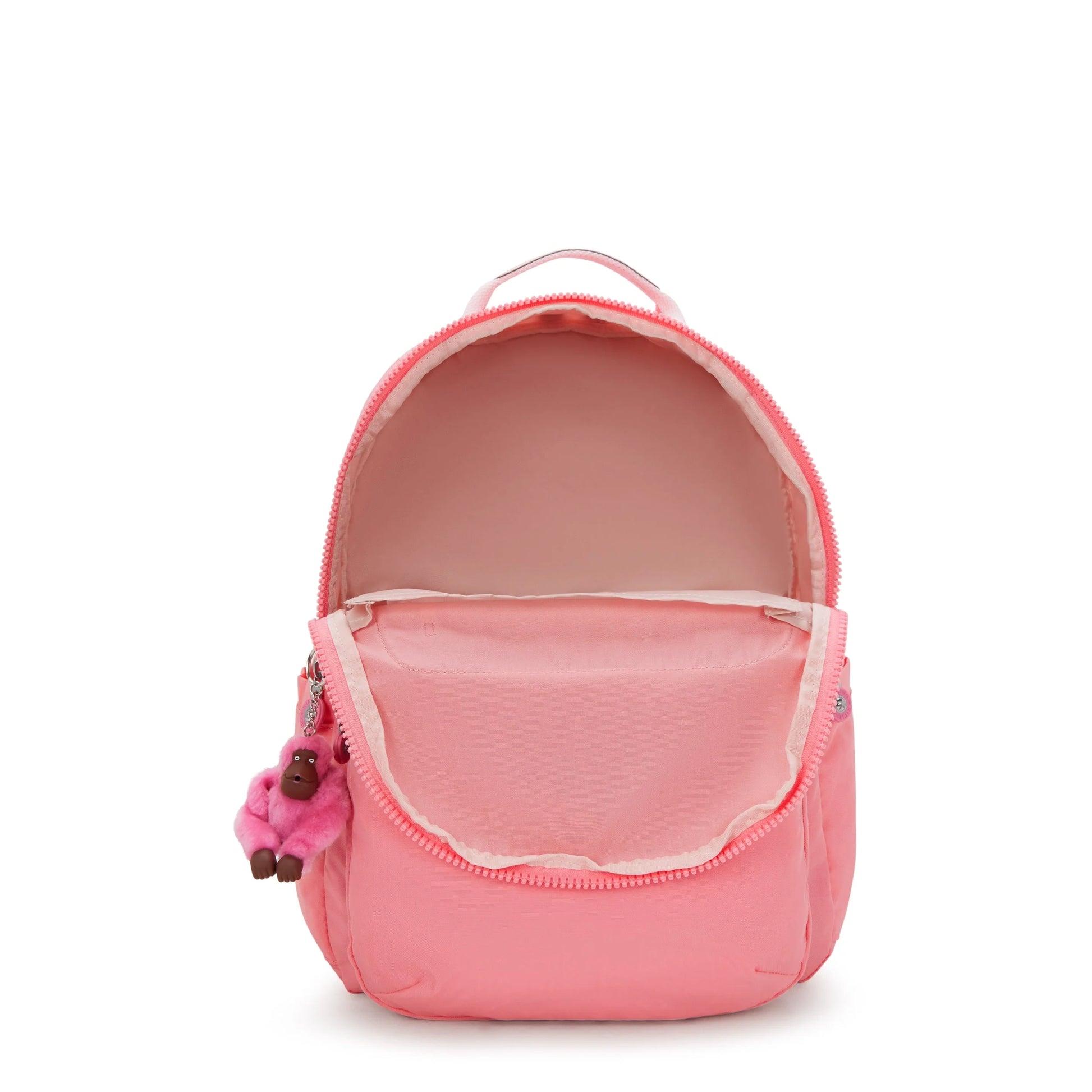 Kipling Seoul College Extra backpack interior view with open top and coral fabric lining