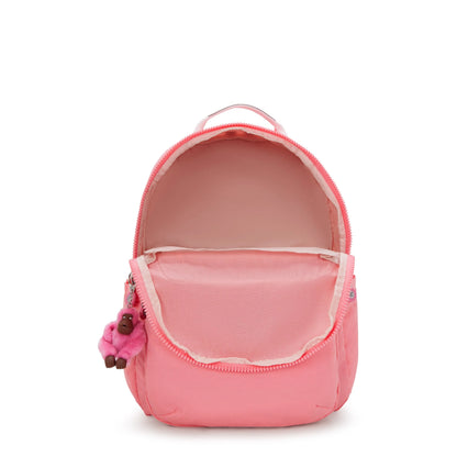 Kipling Seoul College Extra backpack interior view with open top and coral fabric lining
