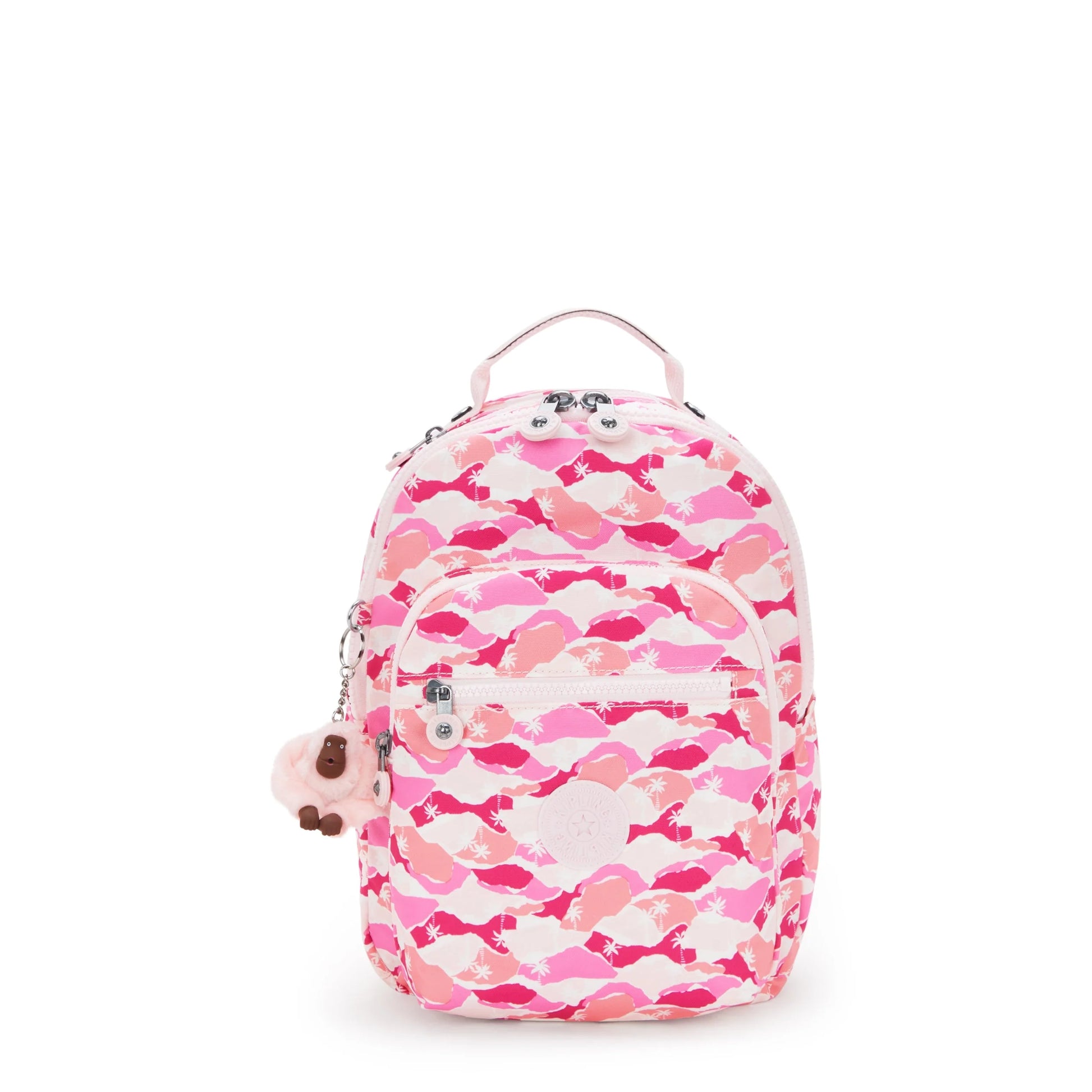 Kipling pink camo mini backpack with top handle, front zipper pocket