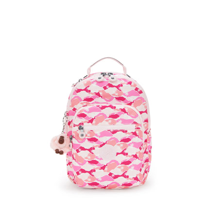 Kipling pink camo mini backpack with top handle, front zipper pocket