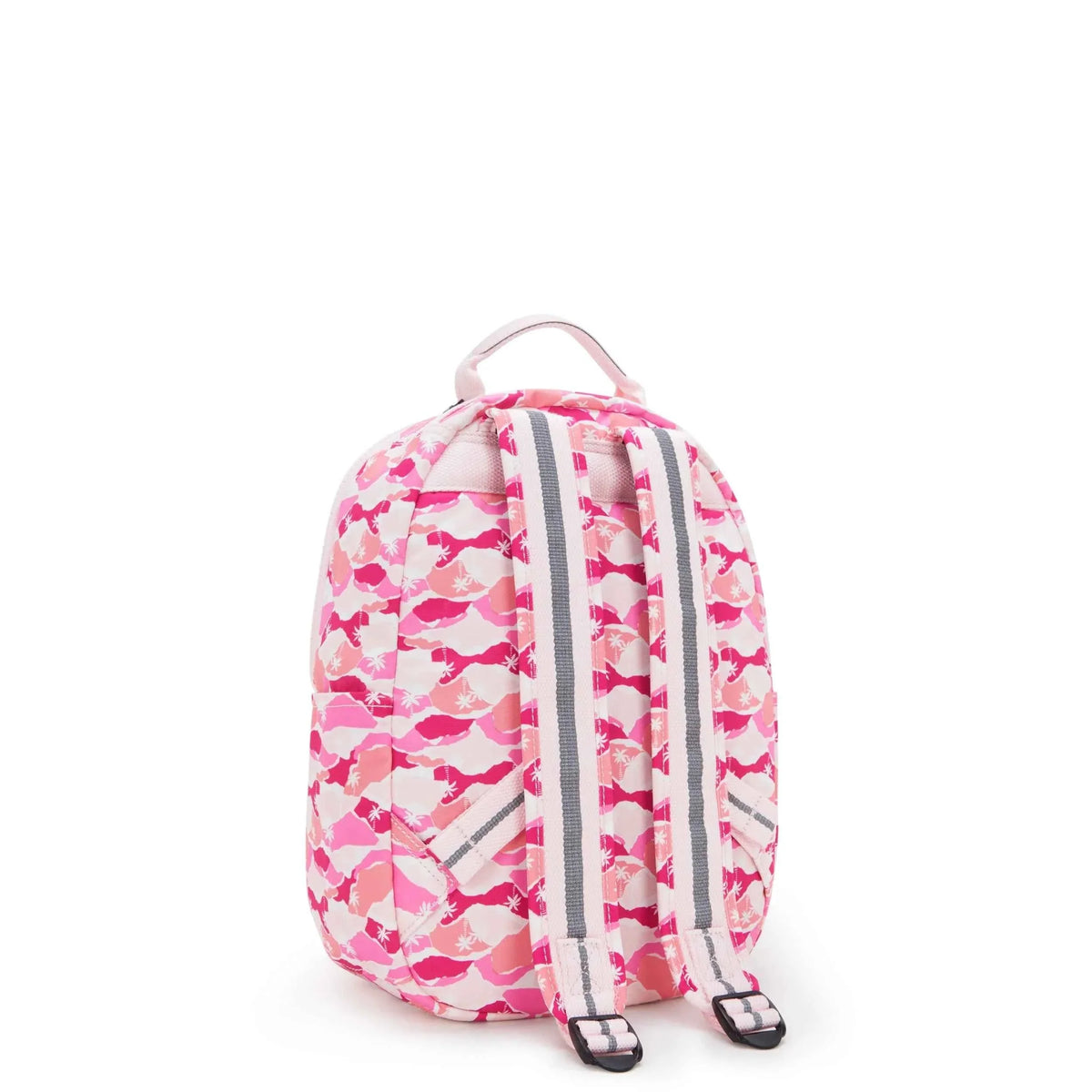 Kipling Seoul S mini backpack in pink camo, front zipper and hanging shoulder straps