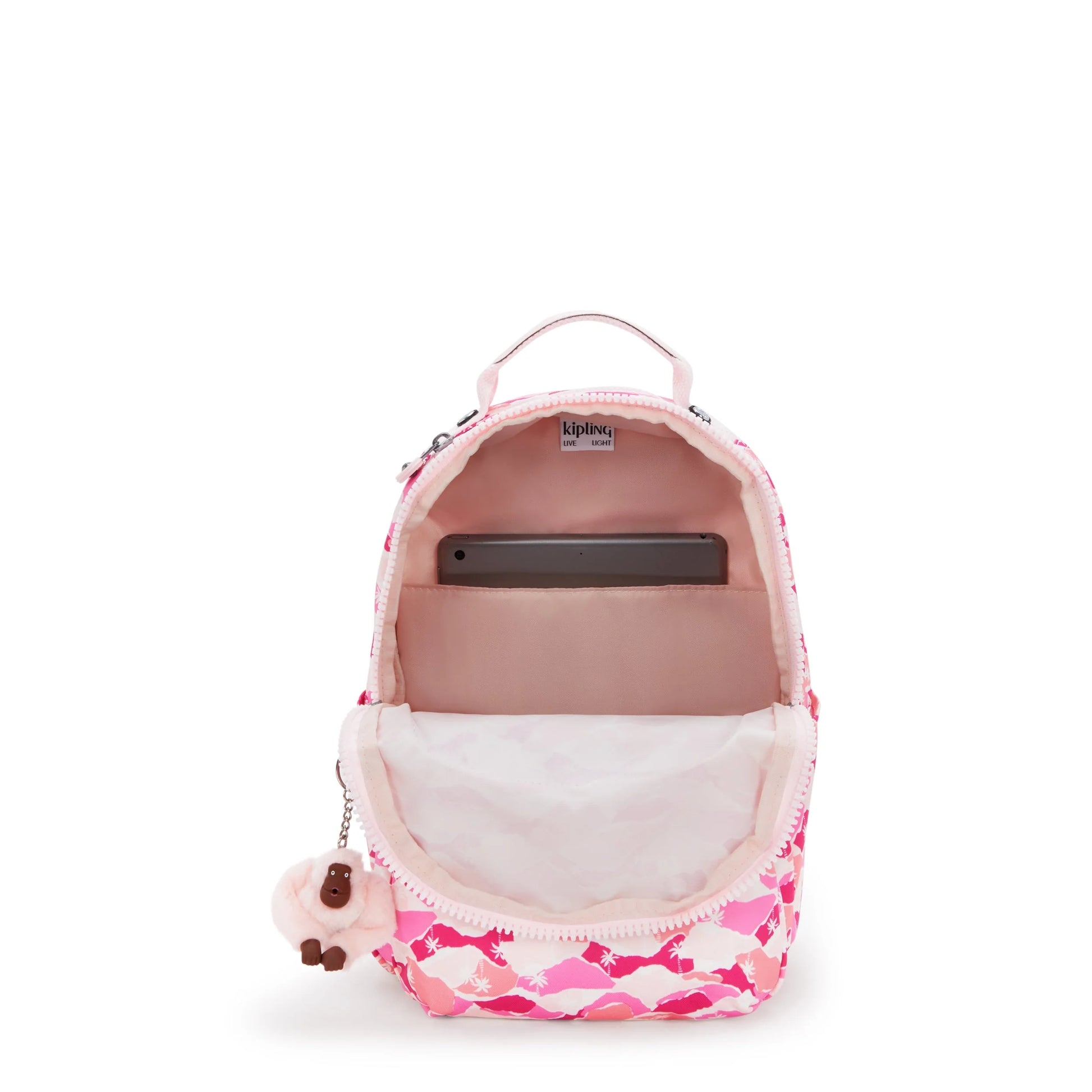 Kipling pink camo mini backpack open, showing interior zip pocket