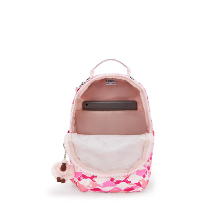 Kipling pink camo mini backpack open, showing interior zip pocket