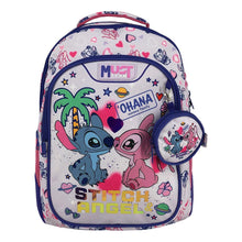 Kids backpack with Stitch Angel graphic, navy trim, and front zip pouch