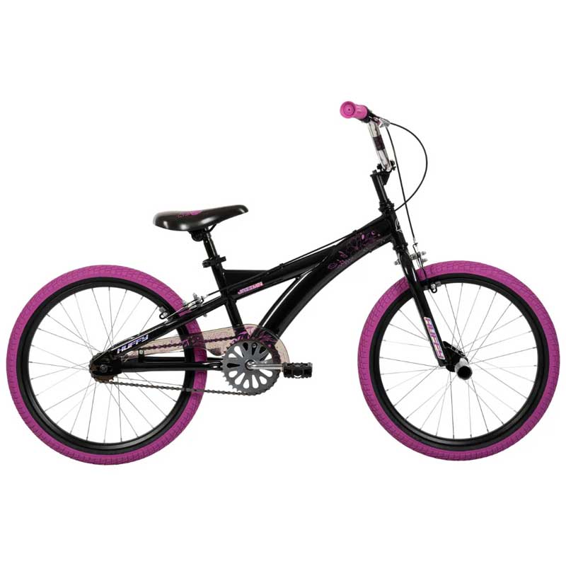 20-inch bicycle with black frame and purple wheels, kickstand and saddle