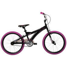 20-inch bicycle with black frame and purple wheels, kickstand and saddle