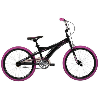 20-inch bicycle with black frame and purple wheels, kickstand and saddle