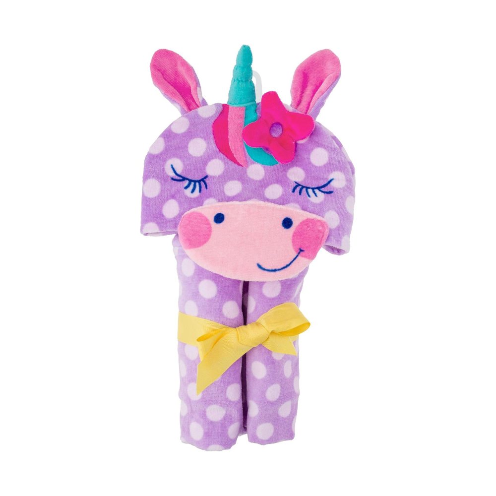Unicorn hooded towel with purple polka-dot pattern, pink mane and yellow bow
