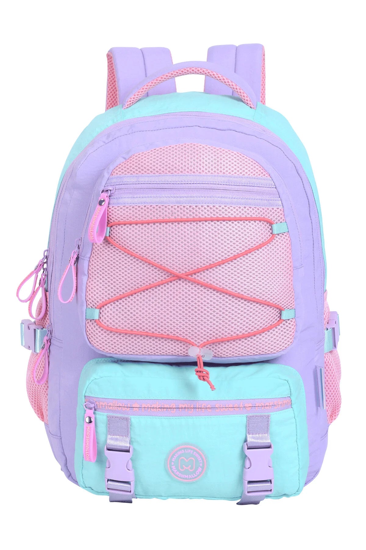 Caramello marshmallow backpack with pastel purple, light blue, and pink mesh front pocket