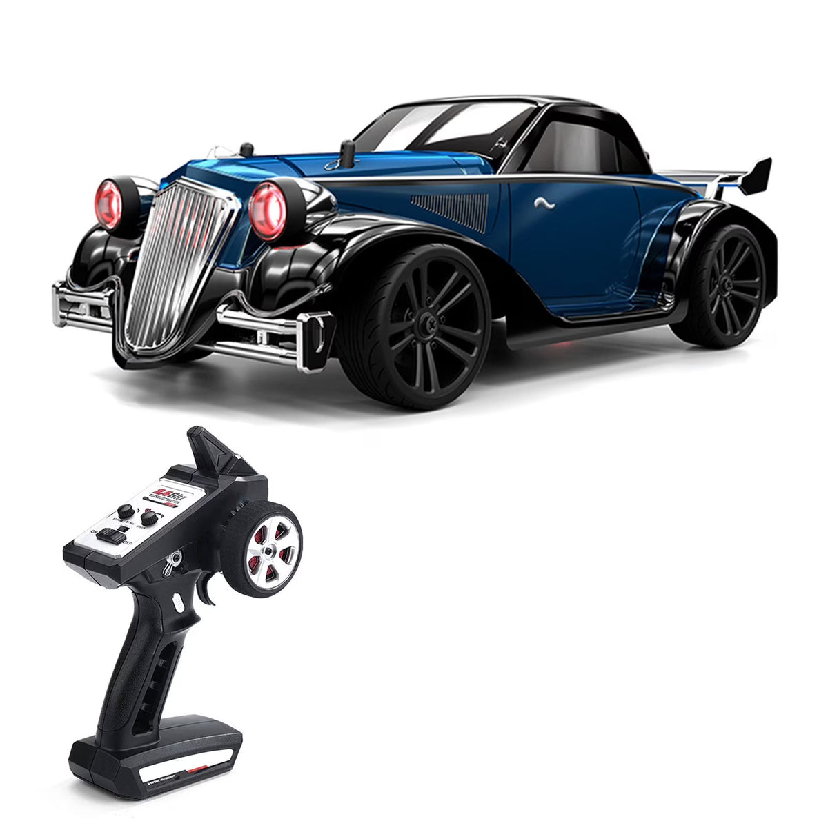 R/C Elektro 1:16 Allrad-Auto in blau, silberne Kühlergrill-Front, mit Fernsteuerung