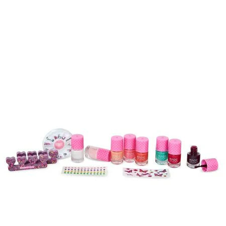 Mega nail art set contents: pink nail polishes, rhinestones, stickers, and tools