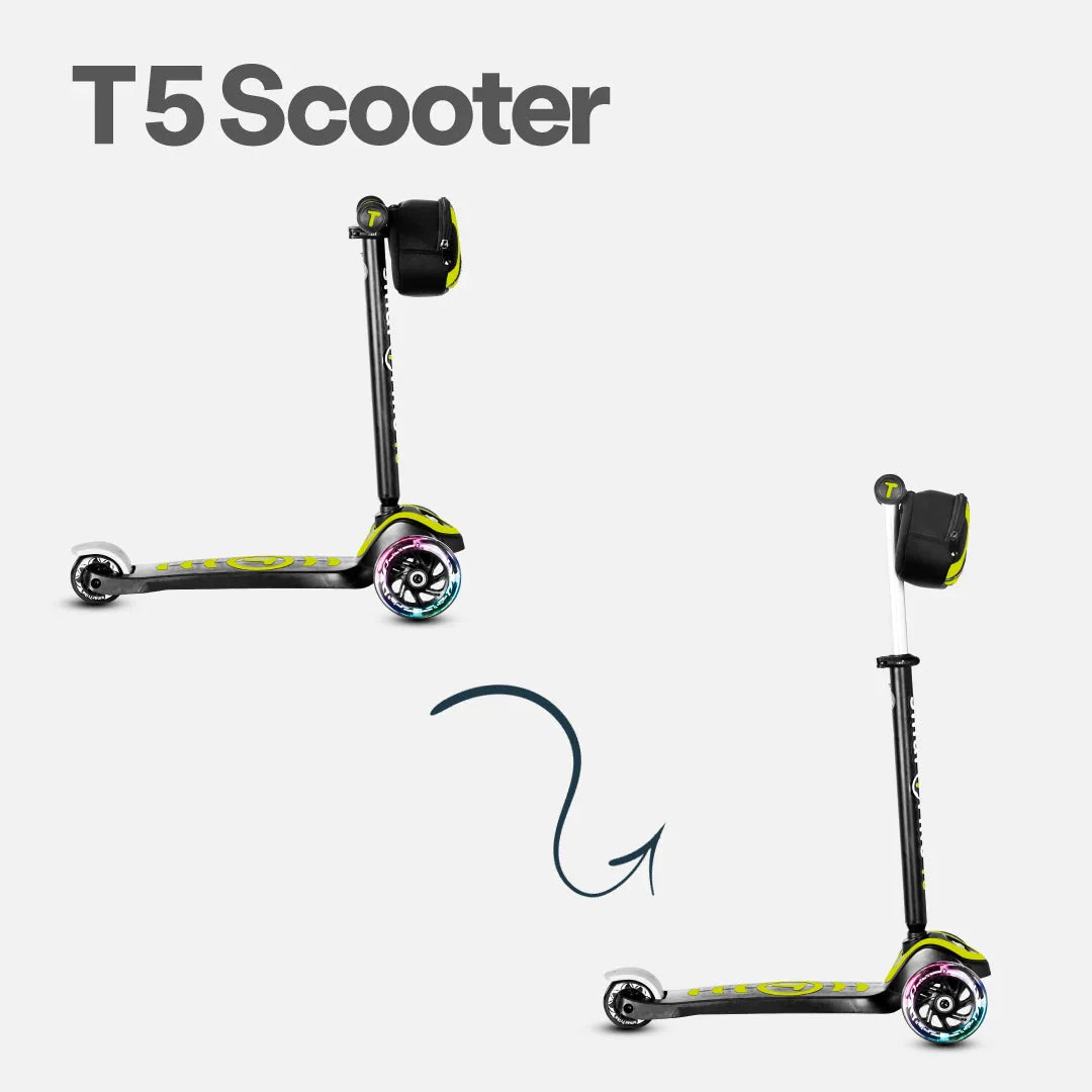 Green and black electric kick scooter, two-angle view with multicolor wheel accents