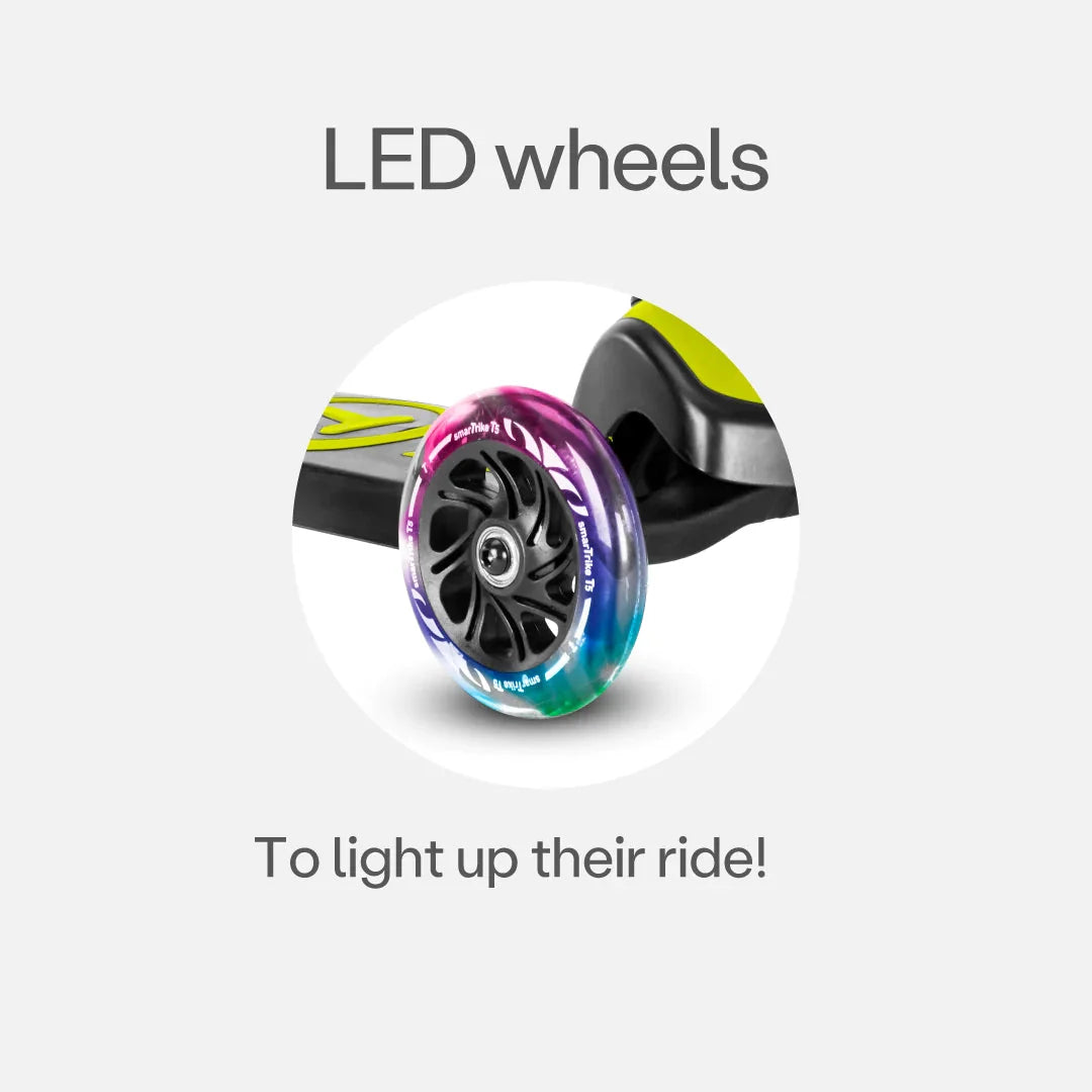 Front wheel of green electric kick scooter with purple rim and blue outer glow