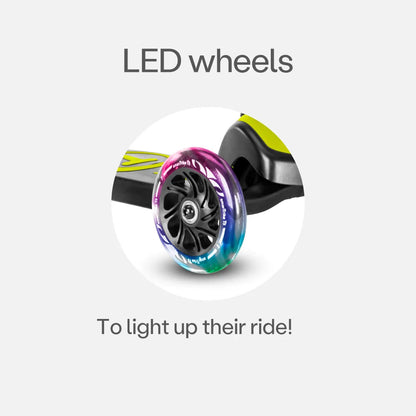 Front wheel of green electric kick scooter with purple rim and blue outer glow