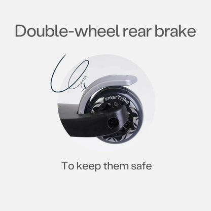 Rear brake assembly on black and gray electric kick scooter, double-wheel design