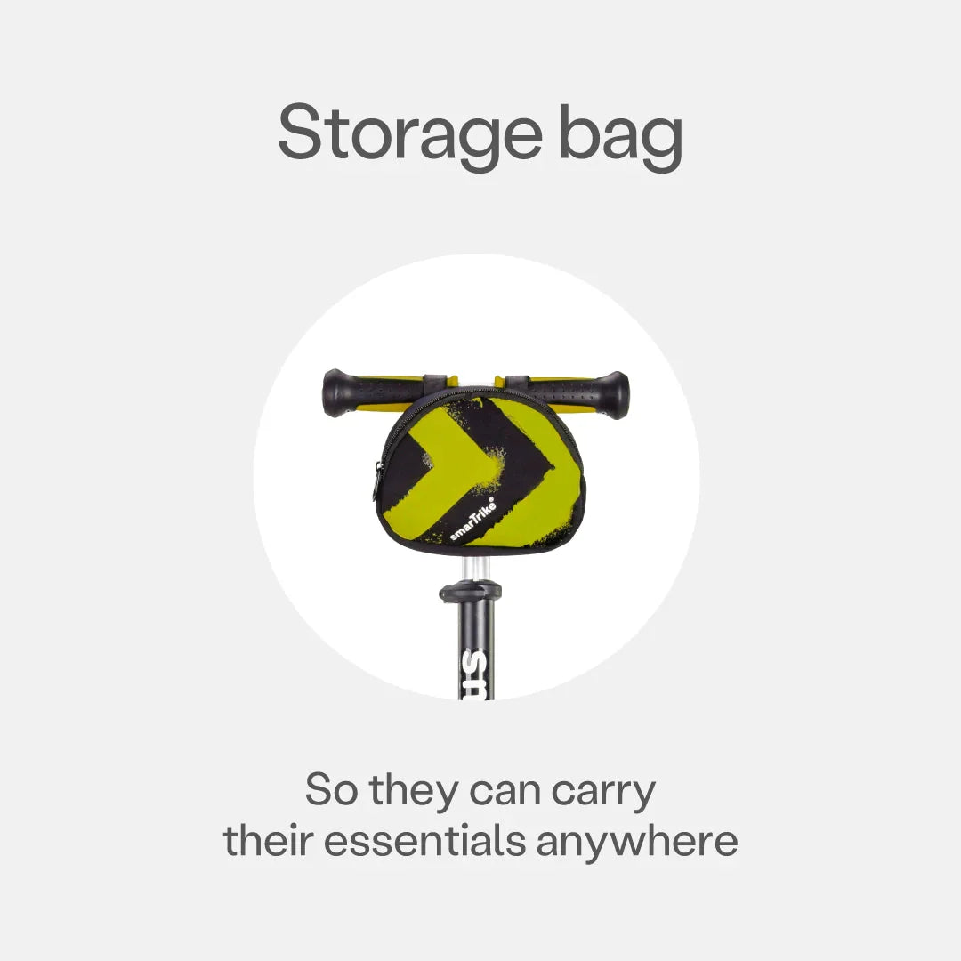 Lime green storage bag attached to scooter handlebars with black carry straps