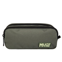 Monochrome olive barrel pencil case with zipper and MUST TEAM logo patch
