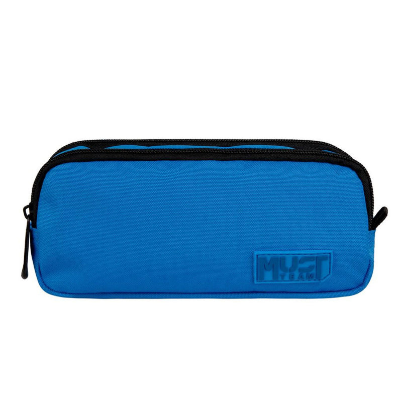 Two-compartment barrel pencil case, blue fabric with black trim and MUST logo patch