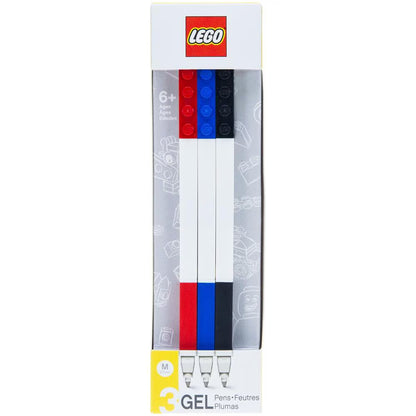 3-pack gel pen set with red, blue, and black pens in retail box