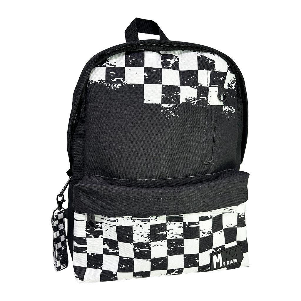Black and white checkered backpack with front zipper pocket and top handle.