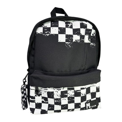 Black and white checkered backpack with front zipper pocket and top handle.