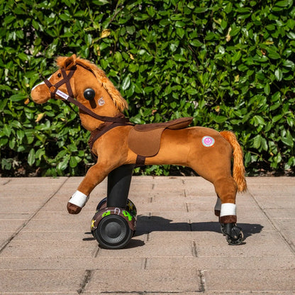 Brown plush power pony on self-balancing scooter base, glowing multicolor LED wheels