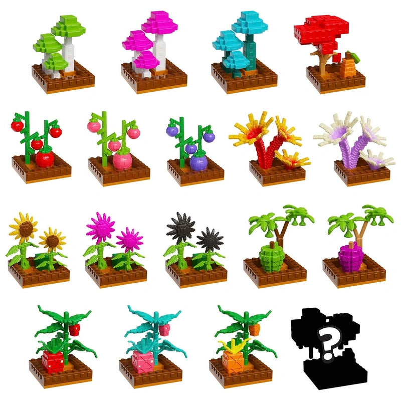 Assorted Pocket Crops mini plants on small brown bases, including flowers and trees