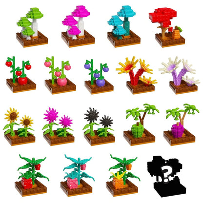 Assorted Pocket Crops mini plants on small brown bases, including flowers and trees