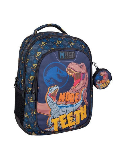 Blue dinosaur print school backpack with front panel and attached mini dinosaur pouch