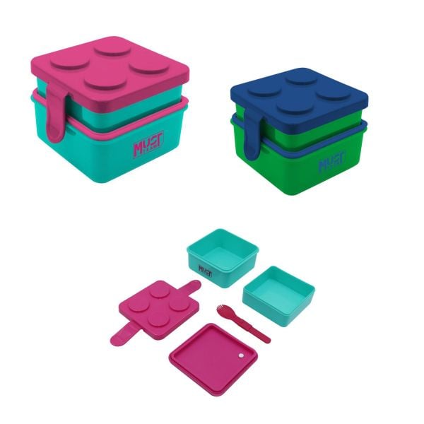 2-in-1 plastic lunch box set with spoon, two compartments, teal and pink