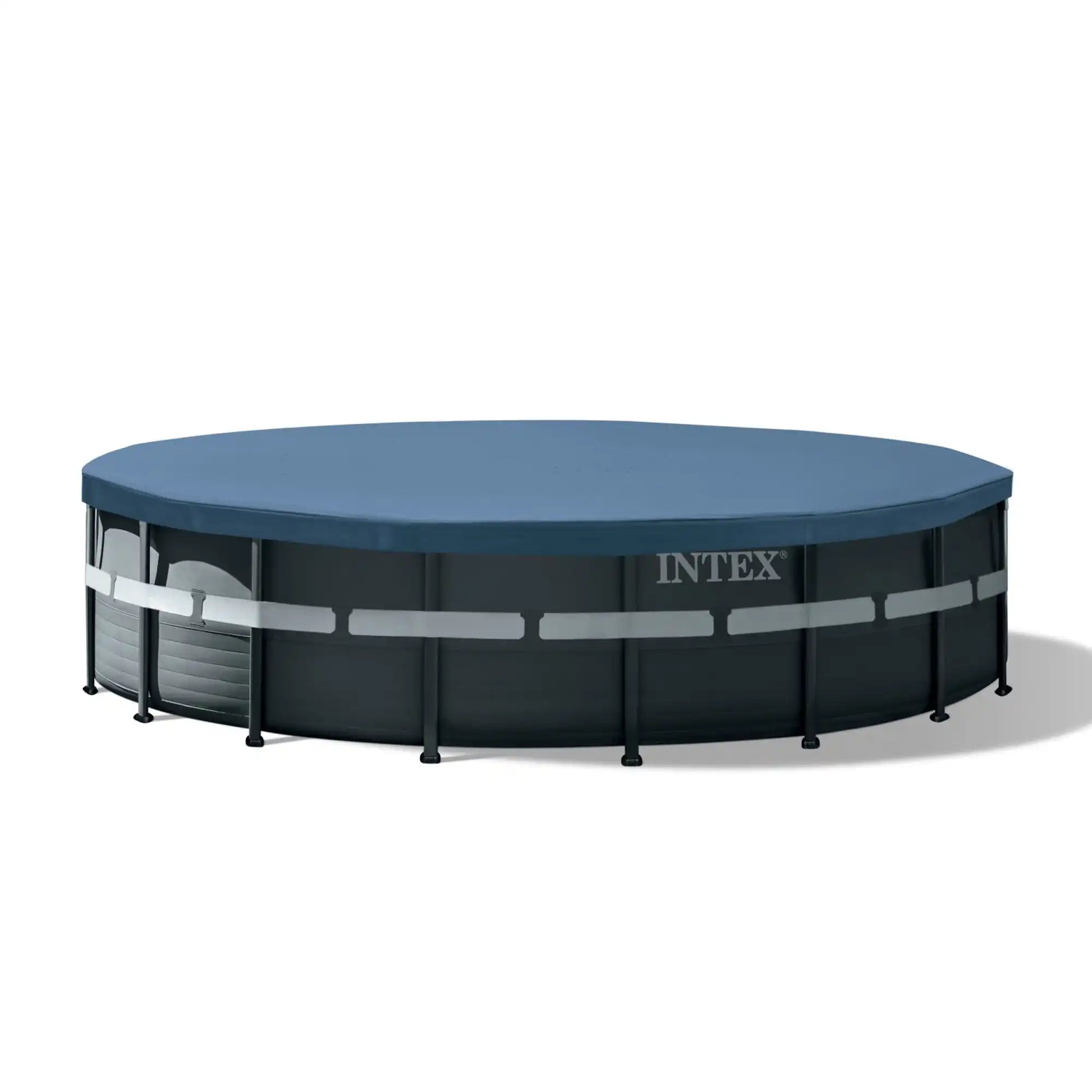 Round INTEX frame pool with blue top cover, black side walls, and support legs