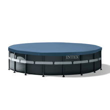 Round frame pool with dark gray frame and blue rim, INTEX logo