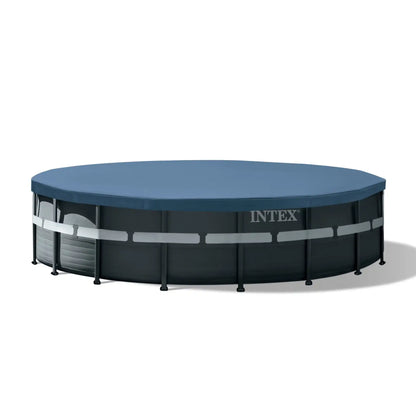 Round INTEX frame pool with blue top cover, black side walls, and support legs