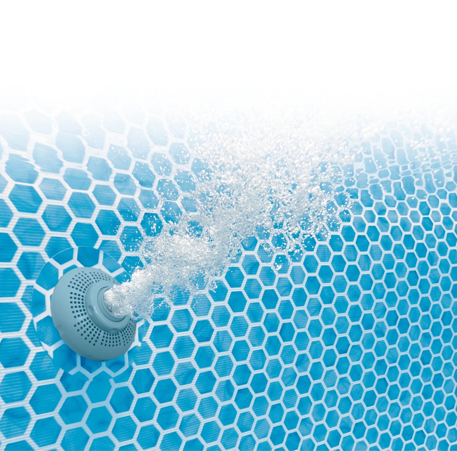 Blue hex-pattern pool bottom with circular return jet and splashing water