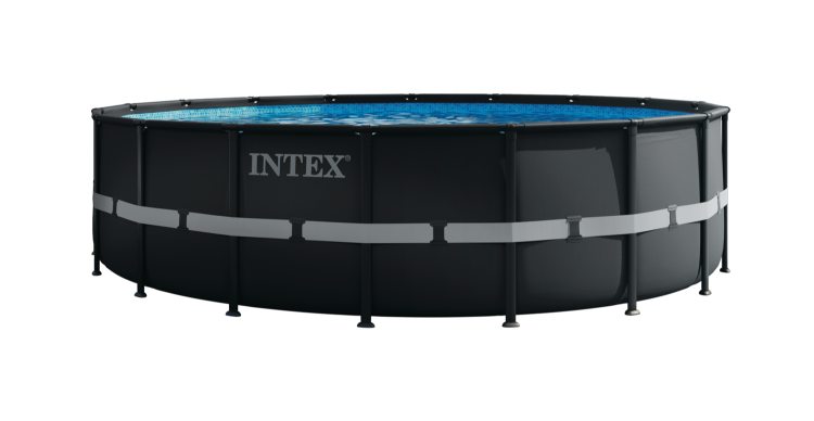 Round INTEX frame pool with black frame and blue interior liner