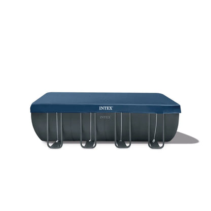 Rectangular above-ground pool set with blue top and black ladder brackets, Intex