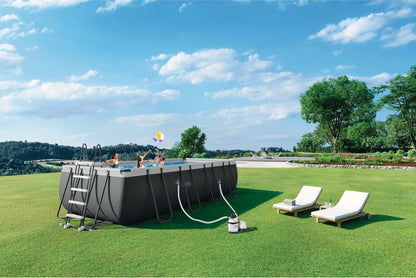 Rectangular above-ground pool set with dark liner, ladder, and hose, Intex