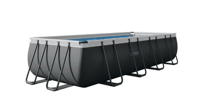 Rectangular above-ground pool set side view with dark gray liner and black frame, Intex