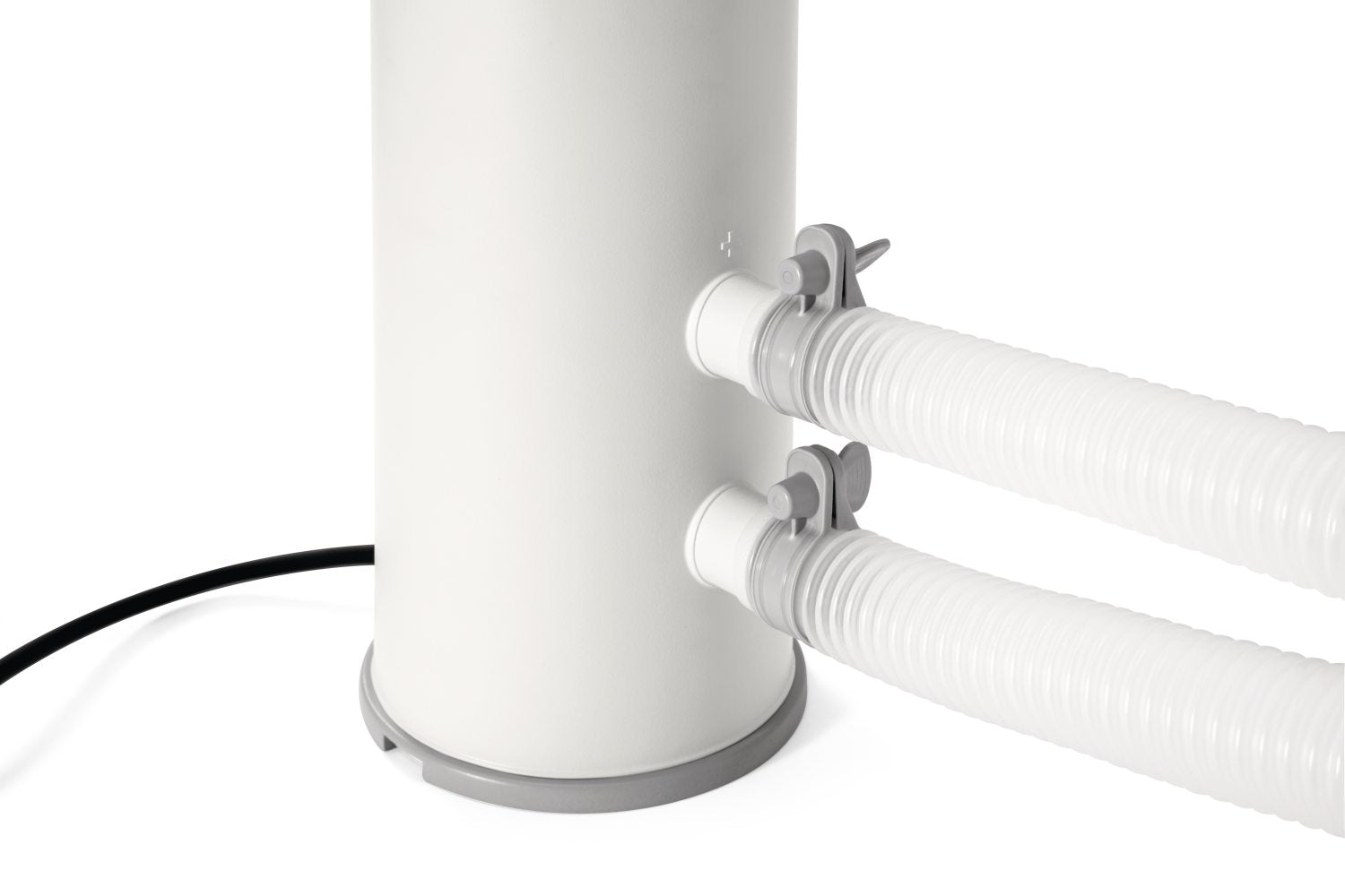 White cartridge filter pump with two hose ports and ribbed inlet hose