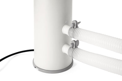White cartridge filter pump with two hose ports and ribbed inlet hose