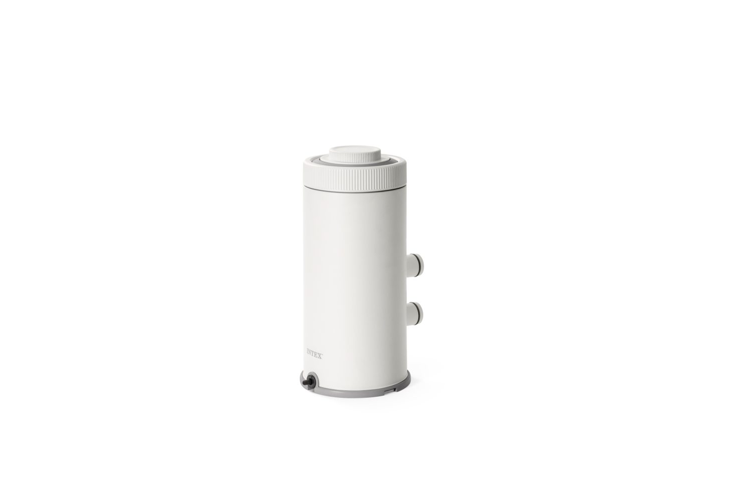 White cartridge filter pump with side hose ports and top inlet cap