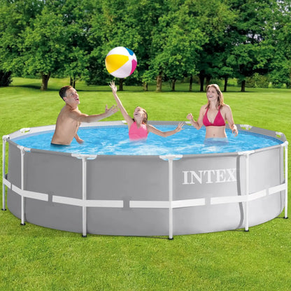 Above-ground round pool with white frame and blue water, shown with swimmers.