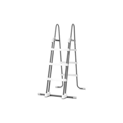 White above-ground pool ladder with curved handrails and side steps.