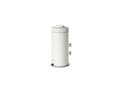 White pool filter pump with hose ports and screw-top lid.