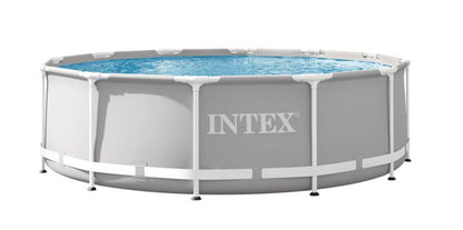 Round above-ground pool set with white frame, blue water, and INTEX logo panel.