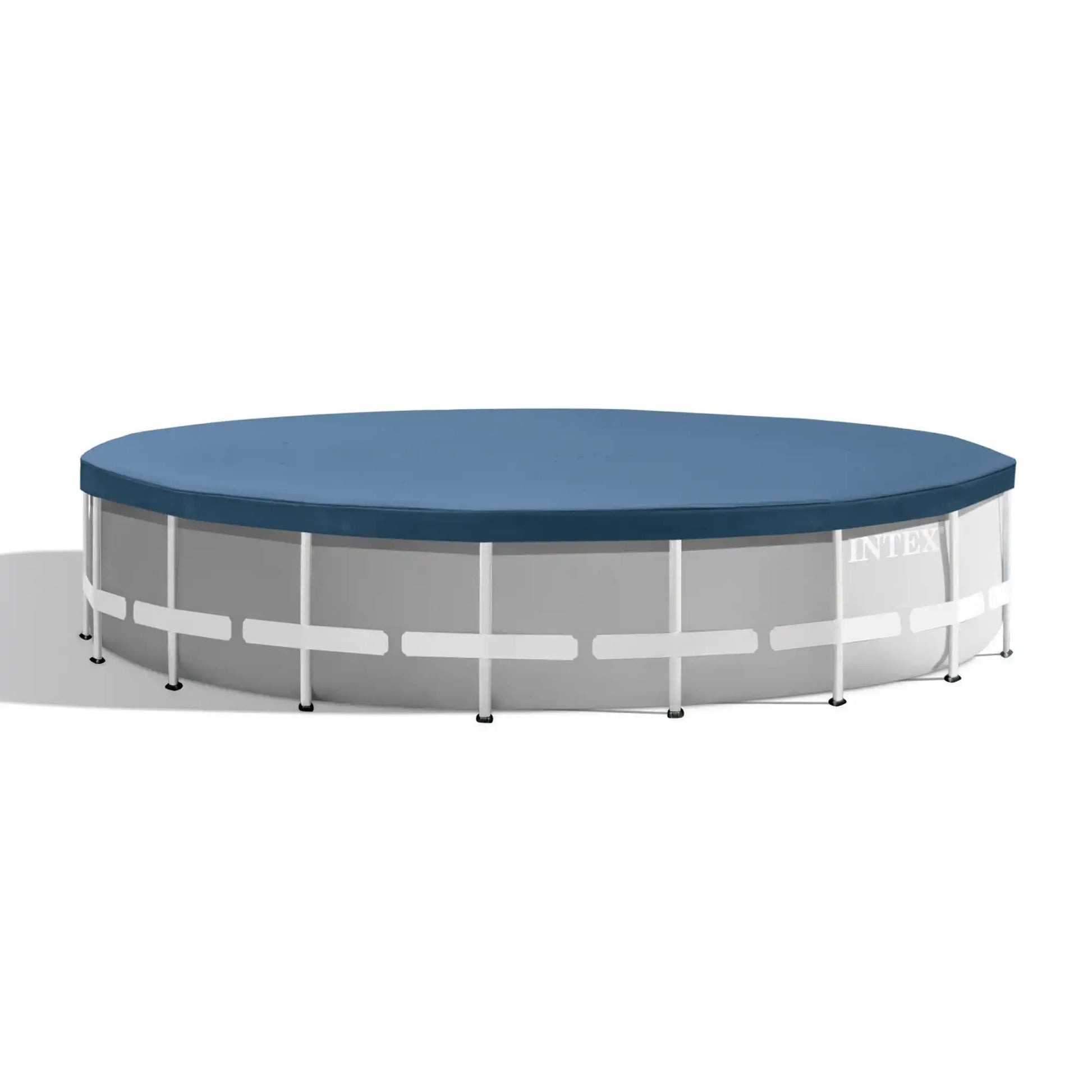 Round above-ground pool with gray frame and dark blue top cover, INTEX logo