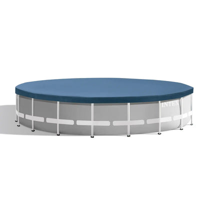 Round above-ground pool with gray frame and dark blue top cover, INTEX logo