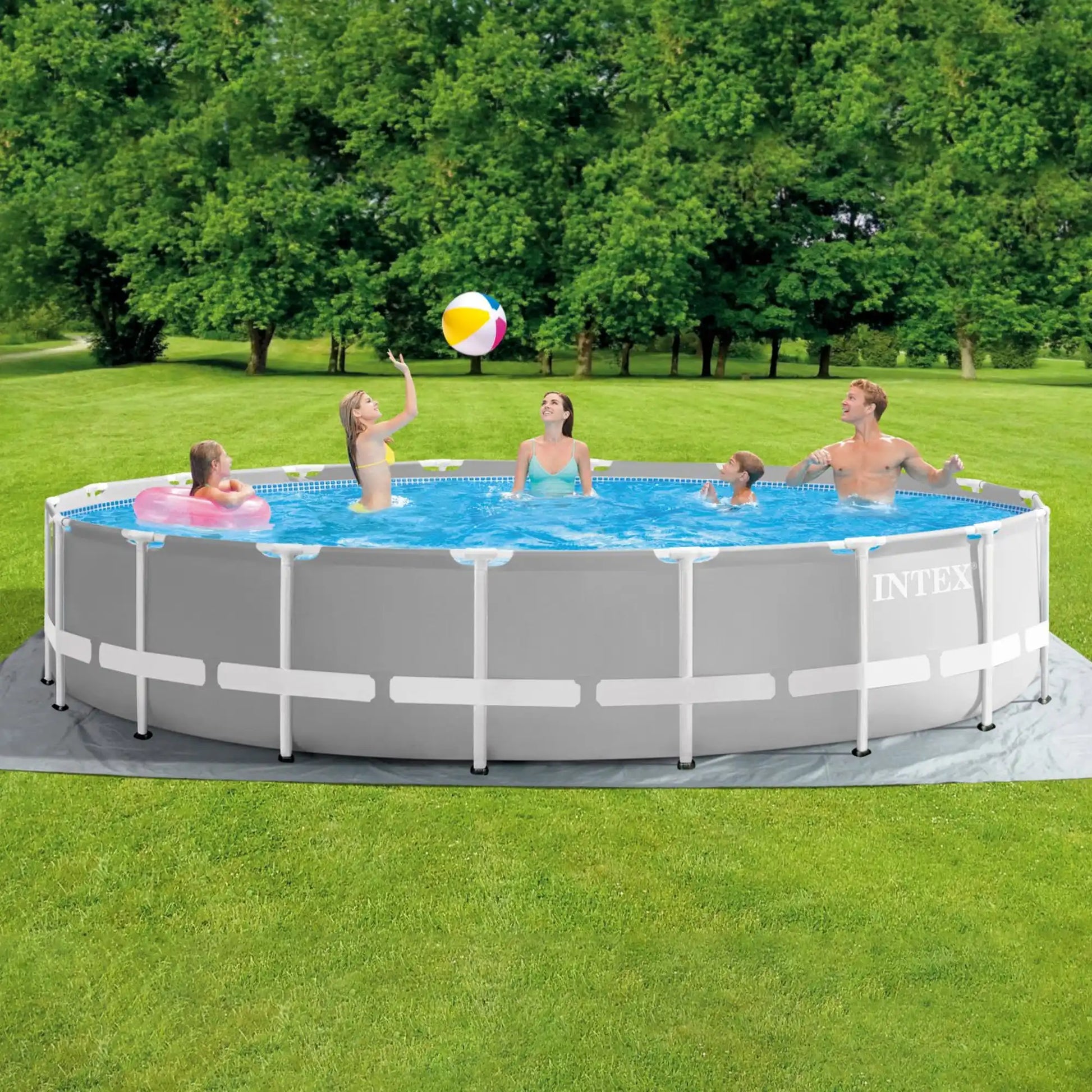 Round above-ground pool with gray frame and blue water, with swimmers