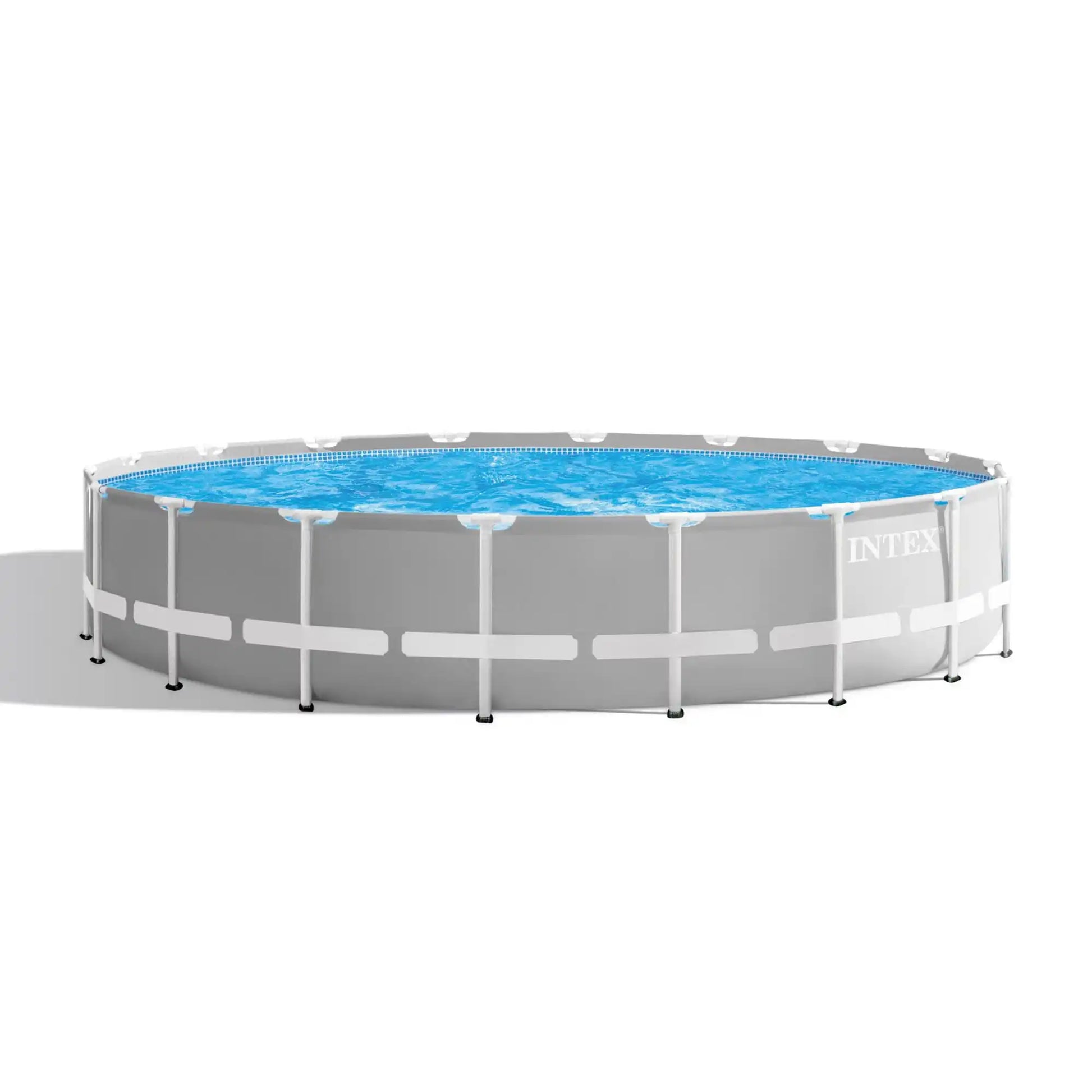 Round above-ground pool with gray frame, blue liner, and INTEX lettering