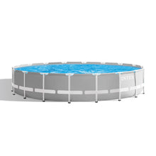 Prism frame above-ground pool with blue water and gray legs, Intex logo visible.